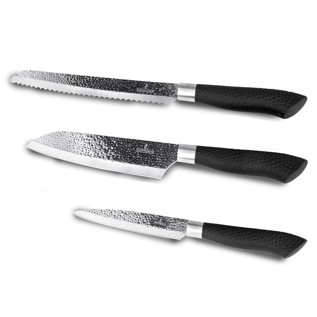 SiliSlick Stainless Steel 3 Piece Kitchen Knife Set Black Ergonomic Handles Image 2