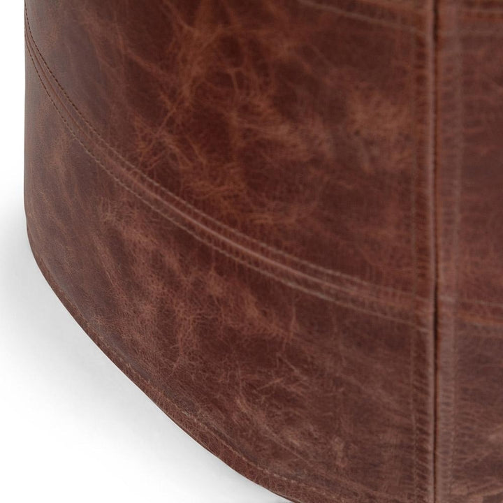 Connor Pouf Round Genuine Buffalo Leather 18 Inch Decorative Footstool Ottoman Image 7