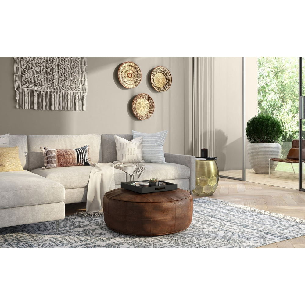 Connor Round Coffee Table Pouf 34 Inch Distressed Leather Home Accent Seat Image 2