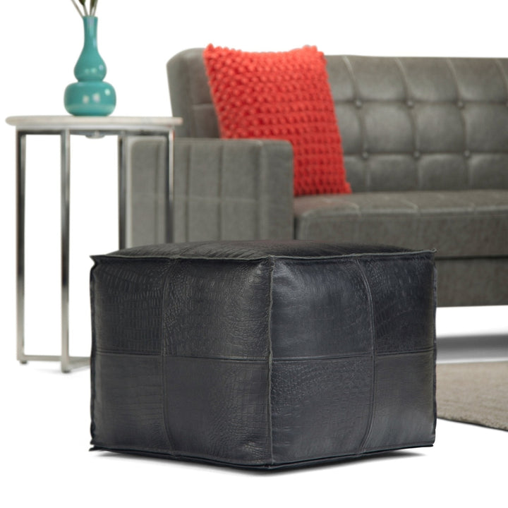 Bowen Pouf Black Leather Square Ottoman 18x18 Stylish Accent Furniture Image 2