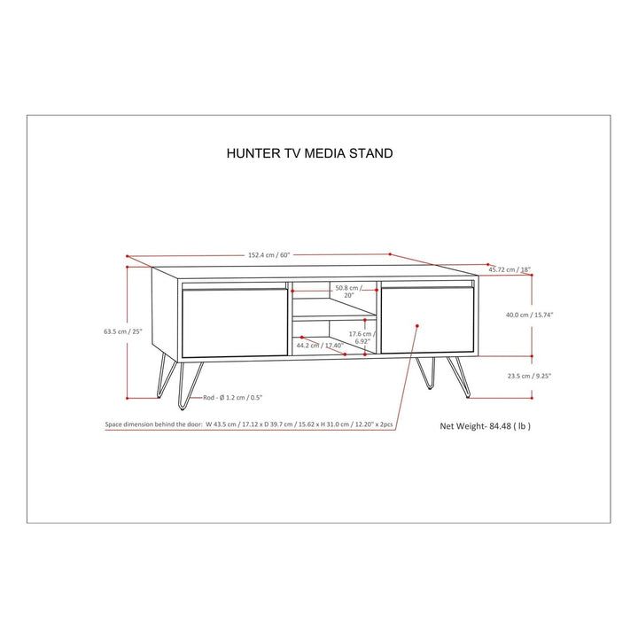 Hunter 60 Inch Mango Wood TV Media Stand with Metal Hairpin Legs Storage Image 7