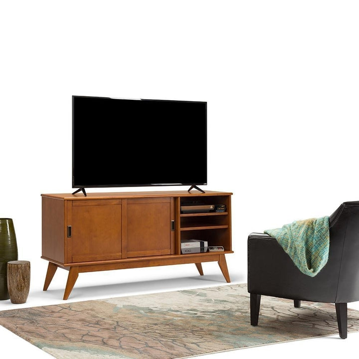 Draper TV Stand Mid Century Modern Solid Rubberwood 60 Inch 2 Sliding Doors Image 2