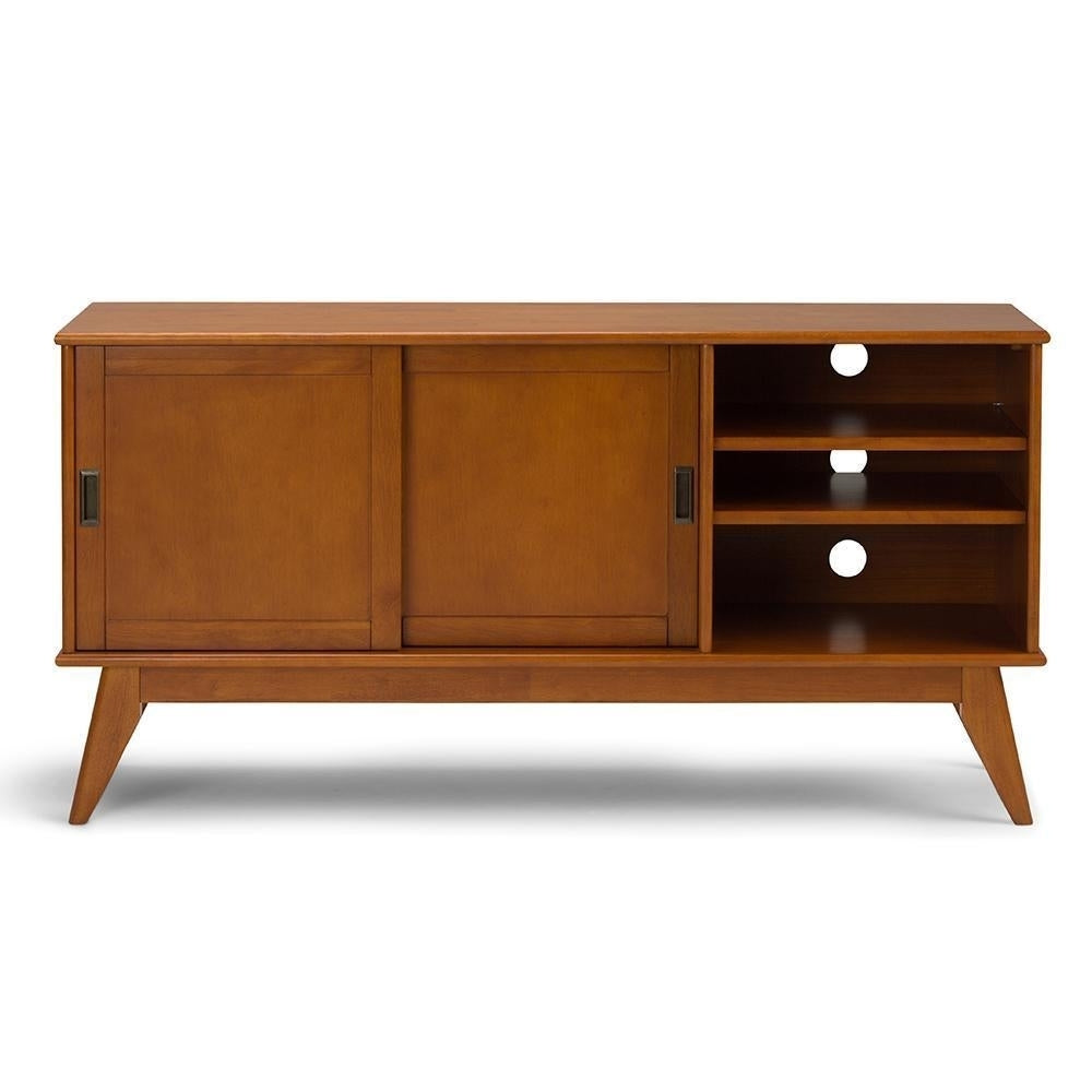 Draper TV Stand Mid Century Modern Solid Rubberwood 60 Inch 2 Sliding Doors Image 3