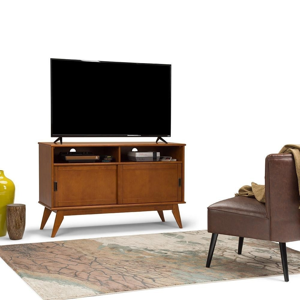 Draper Tall TV Stand 33 Inch Mid Century Modern TV Media Stand Rubberwood Brown Image 2