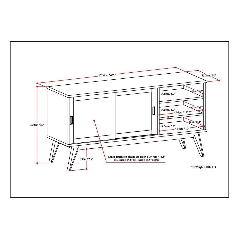 Draper TV Stand Mid Century Modern Solid Rubberwood 60 Inch 2 Sliding Doors Image 11