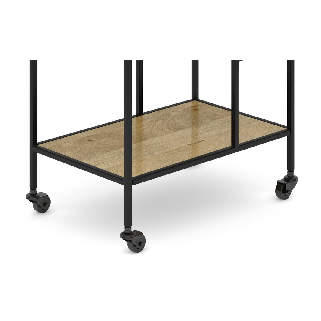 Barnes 29 Inch Mango Wood Bar Cart with Wheels 3 Shelves Glass Racks Image 8