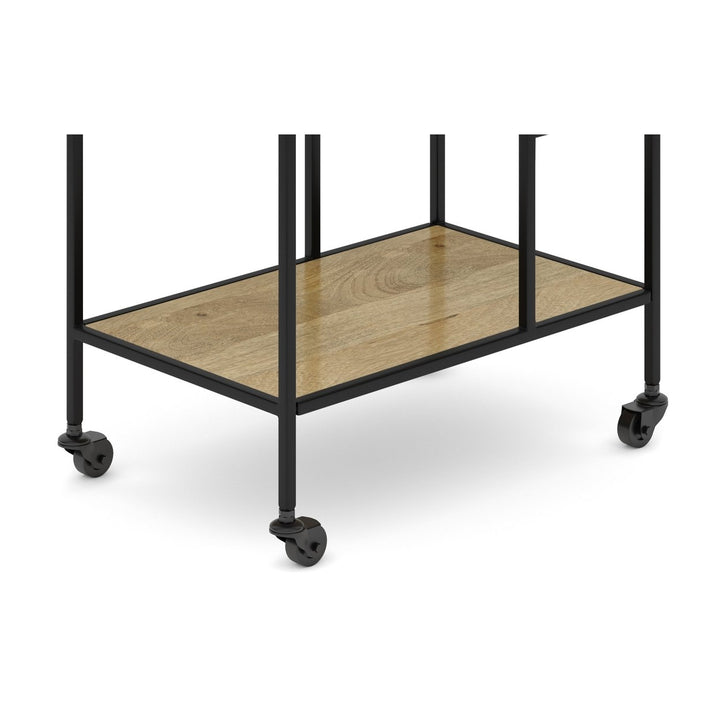 Barnes 29 Inch Mango Wood Bar Cart with Wheels 3 Shelves Glass Racks Image 8