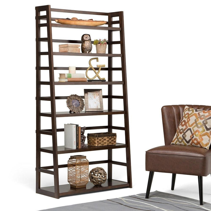 Acadian Wide Ladder Shelf Bookcase Solid Wood Rustic 36x16x72 Storage Unit Image 2