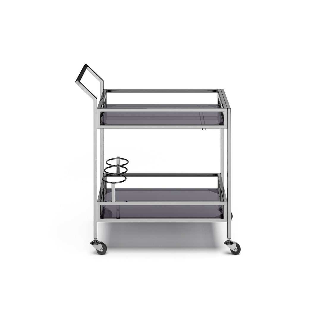 Watts Bar Cart Chrome Stainless Steel Clear Glass Rolling Storage 2 Shelves Image 3