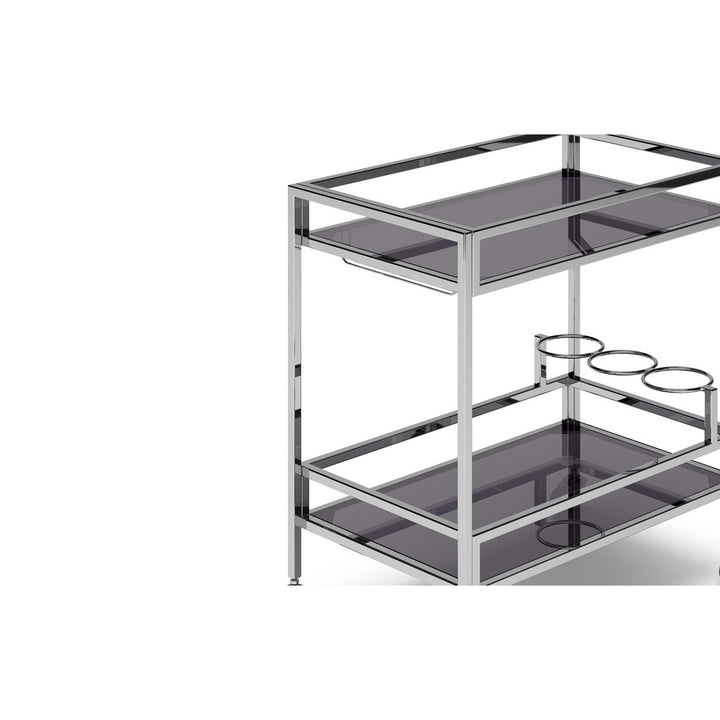 Watts Bar Cart Chrome Stainless Steel Clear Glass Rolling Storage 2 Shelves Image 5