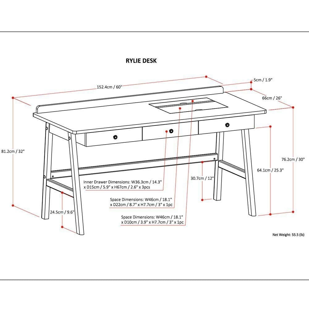 Rylie Desk Solid Wood Contemporary 3 Drawer USB Port Storage 60in Home Office Image 6