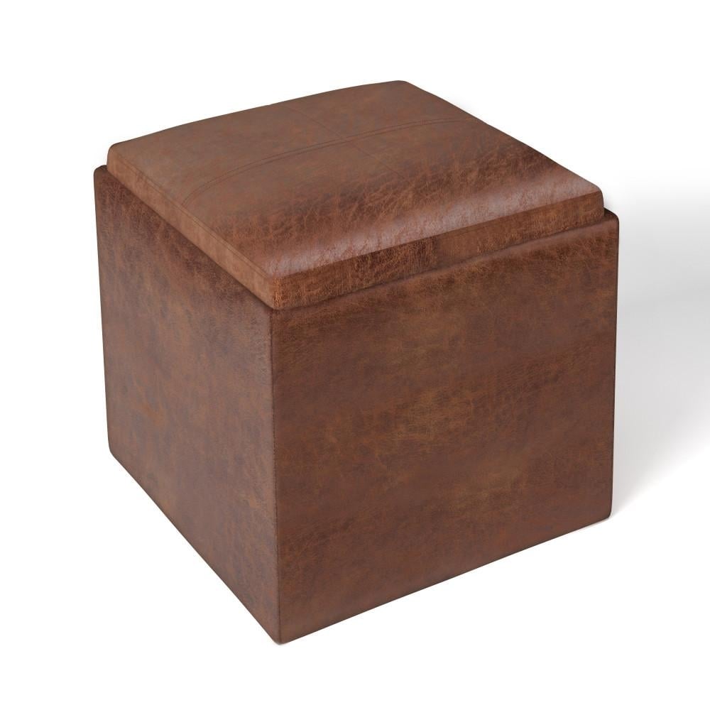 Rockwood Cube Storage Ottoman Distressed Vegan Leather 16.9 inch Tray Storage Image 1