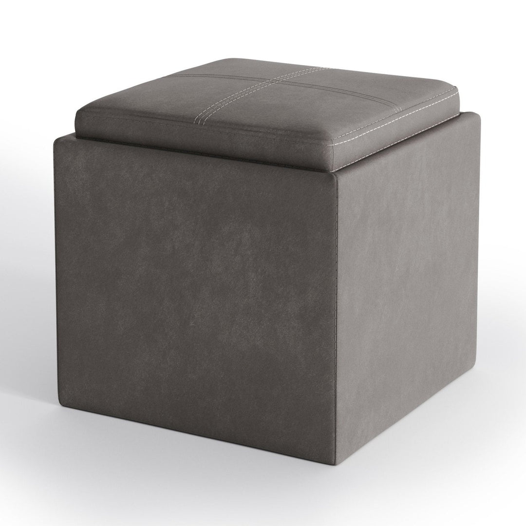 Rockwood Cube Storage Ottoman Distressed Vegan Leather 16.9 inch Tray Storage Image 1