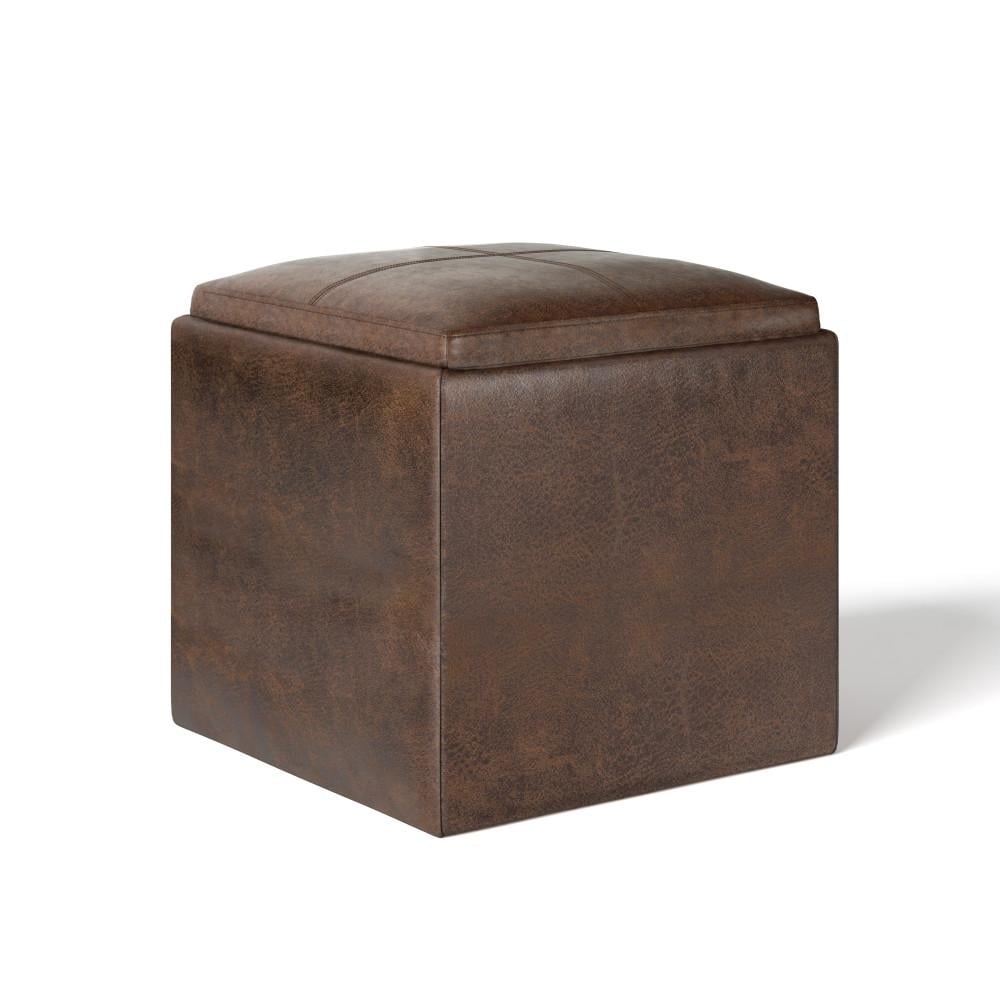 Rockwood Cube Storage Ottoman Distressed Vegan Leather 16.9 inch Tray Storage Image 1