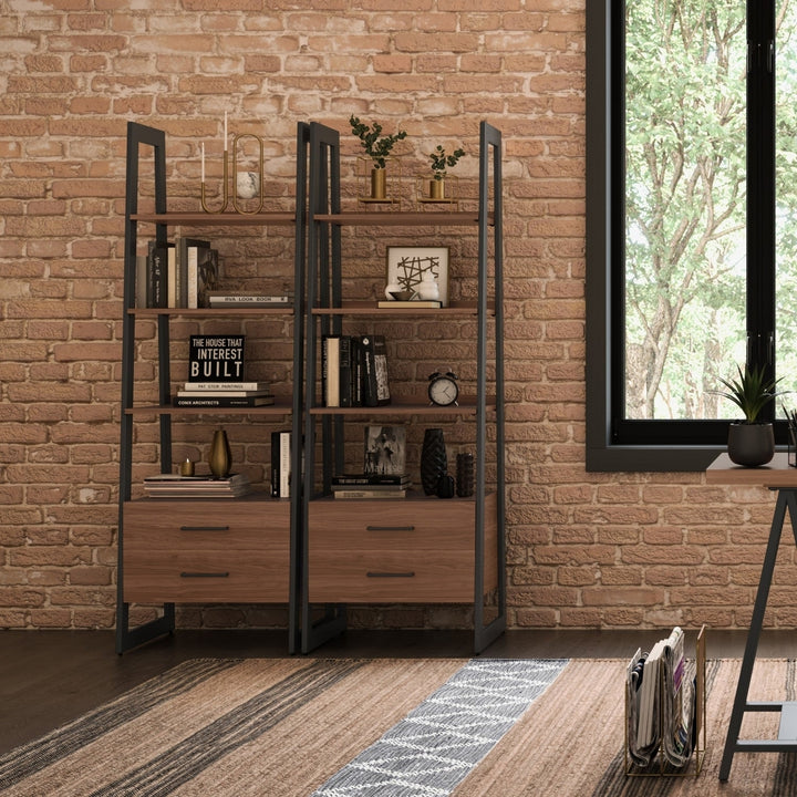 Sawhorse Solid Walnut Veneer and Metal Ladder Shelf with Storage Image 2