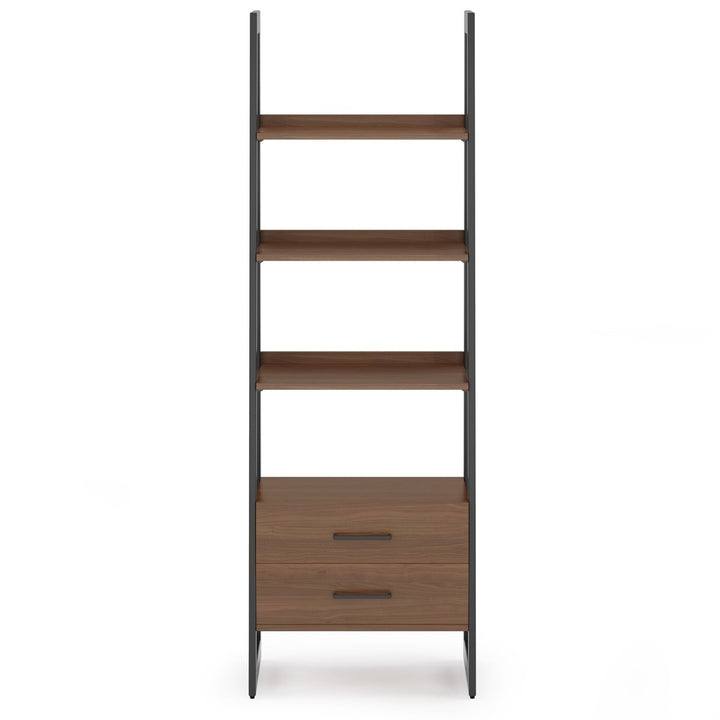 Sawhorse Solid Walnut Veneer and Metal Ladder Shelf with Storage Image 3