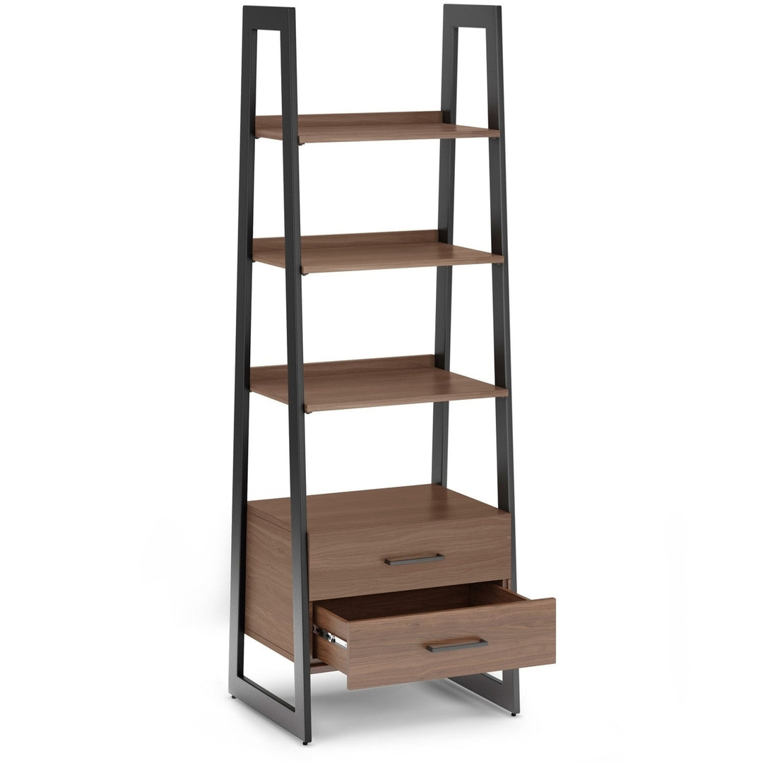 Sawhorse Solid Walnut Veneer and Metal Ladder Shelf with Storage Image 5