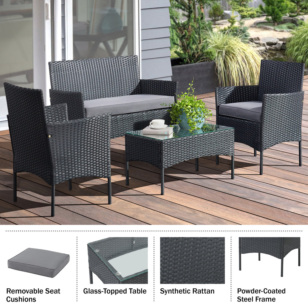 4-Piece Patio Furniture Set - Rattan Outdoor Couch, 2 Patio Chairs, and Table Combo - Cushioned Deck, Pool, or Porch Image 4
