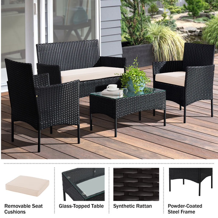 4-Piece Patio Furniture Set - Rattan Outdoor Couch, 2 Patio Chairs, and Table Combo - Cushioned Deck, Pool, or Porch Image 5