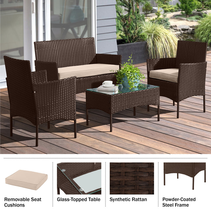 4-Piece Patio Furniture Set - Rattan Outdoor Couch, 2 Patio Chairs, and Table Combo - Cushioned Deck, Pool, or Porch Image 6