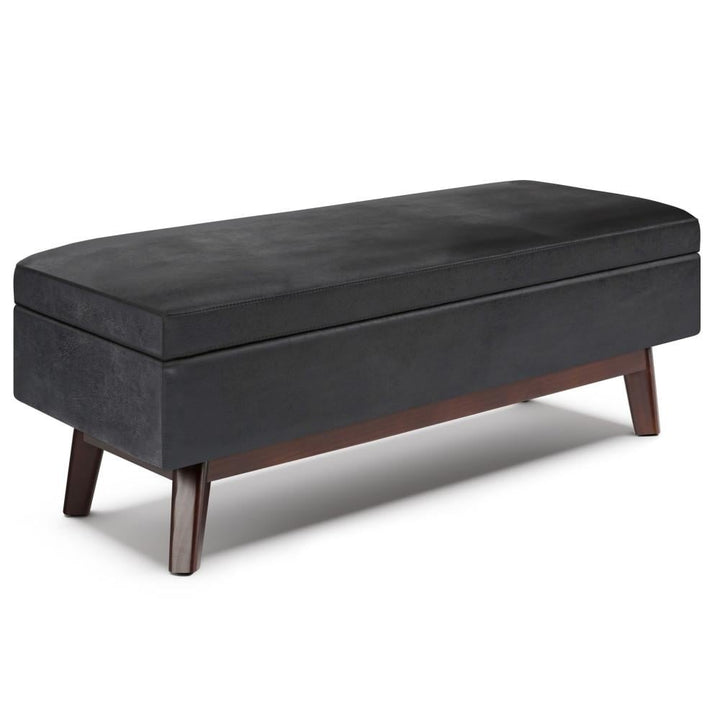 Owen Rectangular Ottoman Storage in Distressed Vegan Leather 48" Mid Century Design Image 1