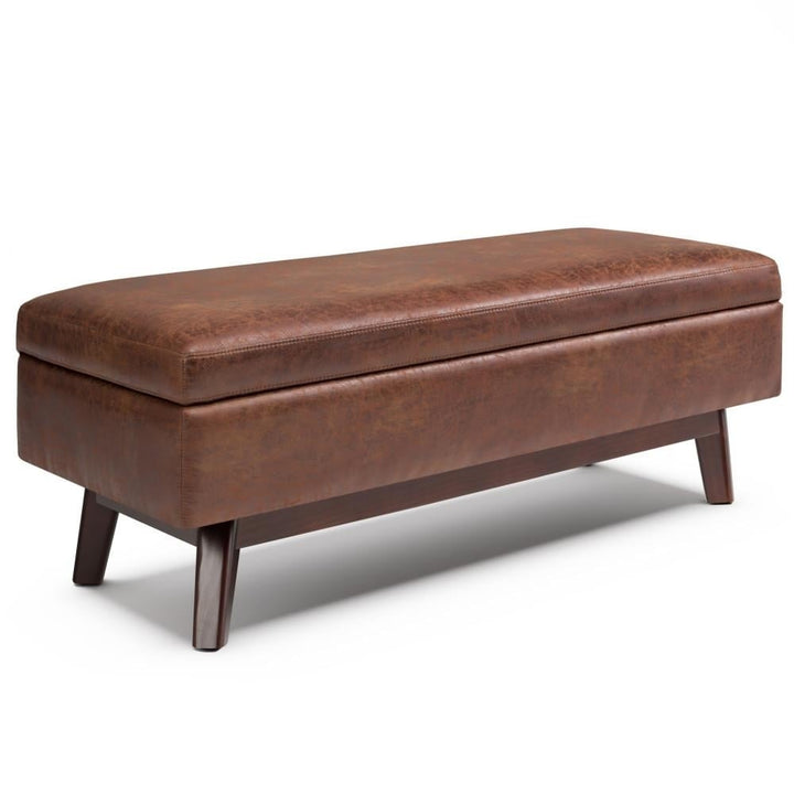 Owen Rectangular Ottoman Storage in Distressed Vegan Leather 48" Mid Century Design Image 4