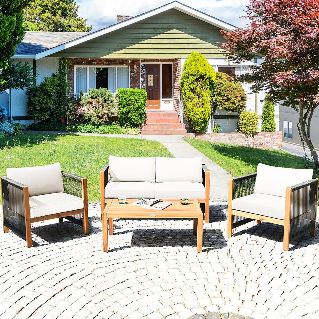 Costway 4PCS Wooden Patio Furniture Set Cushioned Sofa W/Rope Armrest White\Turquoise\Red Image 1