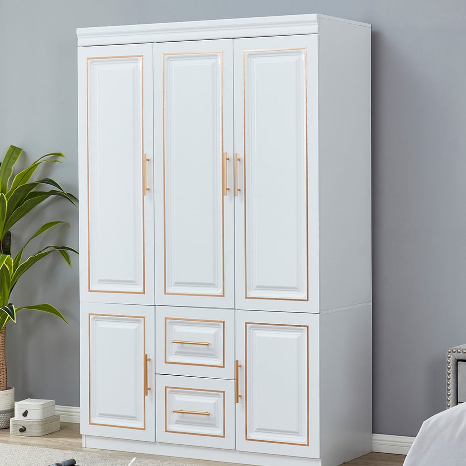 LivelyLodge 74" White 3-Door Wardrobe Closet Wood 2-Drawer Storage Armoire YG-5 Image 4