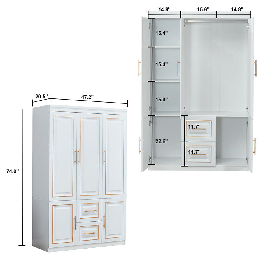 LivelyLodge 74" White 3-Door Wardrobe Closet Wood 2-Drawer Storage Armoire YG-5 Image 7