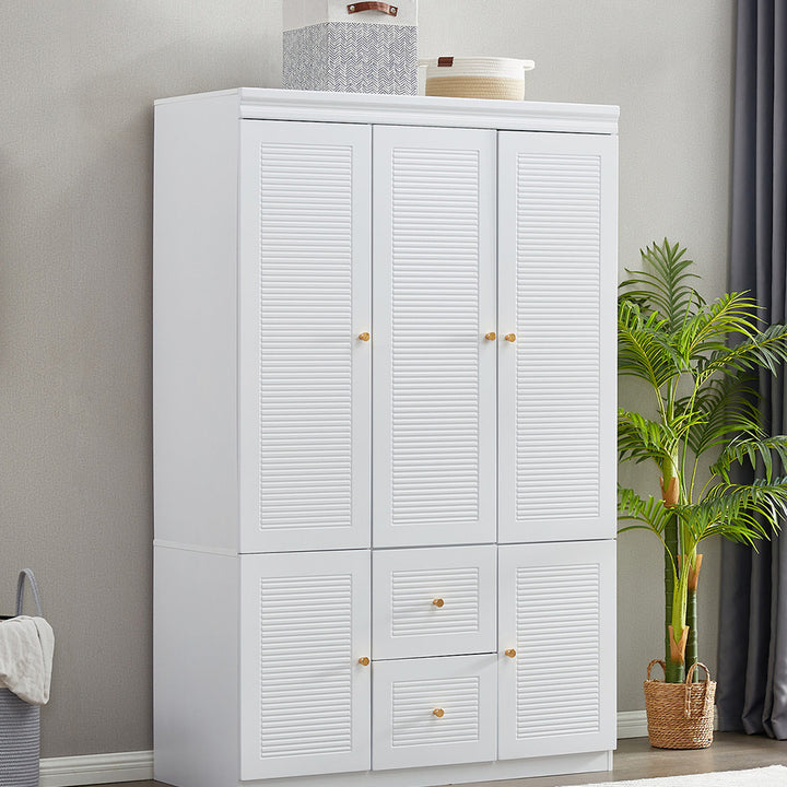 LivelyLodge 74" 3 Doors White Wooden Wardrobe Closet Armoire Bedroom Freestanding Bathroom Clothes Storage Shelf Image 4