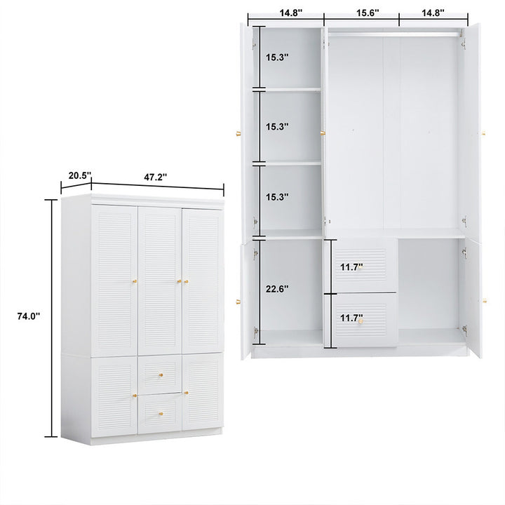 LivelyLodge 74" 3 Doors White Wooden Wardrobe Closet Armoire Bedroom Freestanding Bathroom Clothes Storage Shelf Image 9