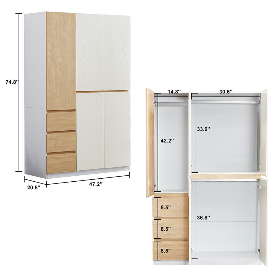 LivelyLodge 74.8 Inch White Wooden Wardrobe Closet 3 Doors 3 Drawers YG-8 Image 10