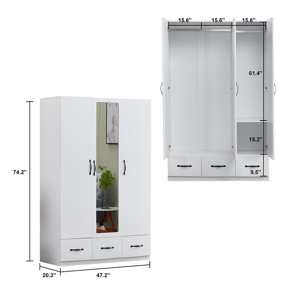 LivelyLodge 74.2" H White Wooden Wardrobe Closet 3 Doors Armoire Model YG-9 Image 11