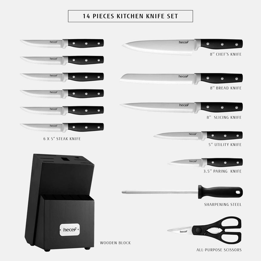 hecef Kitchen Knife Block Set, 14 Pieces Knife Set with Wooden Block and Sharpener Steel Image 1