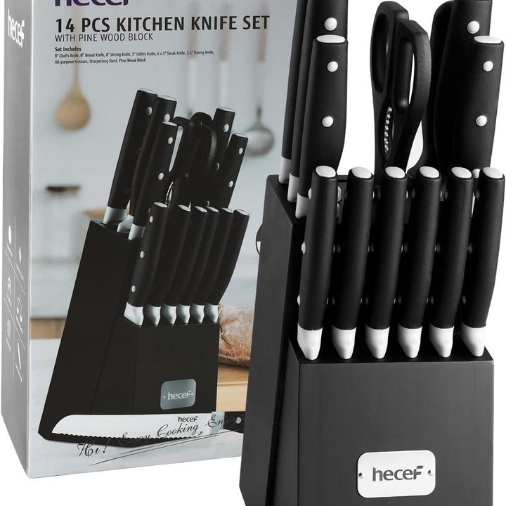 hecef Kitchen Knife Block Set, 14 Pieces Knife Set with Wooden Block and Sharpener Steel Image 3