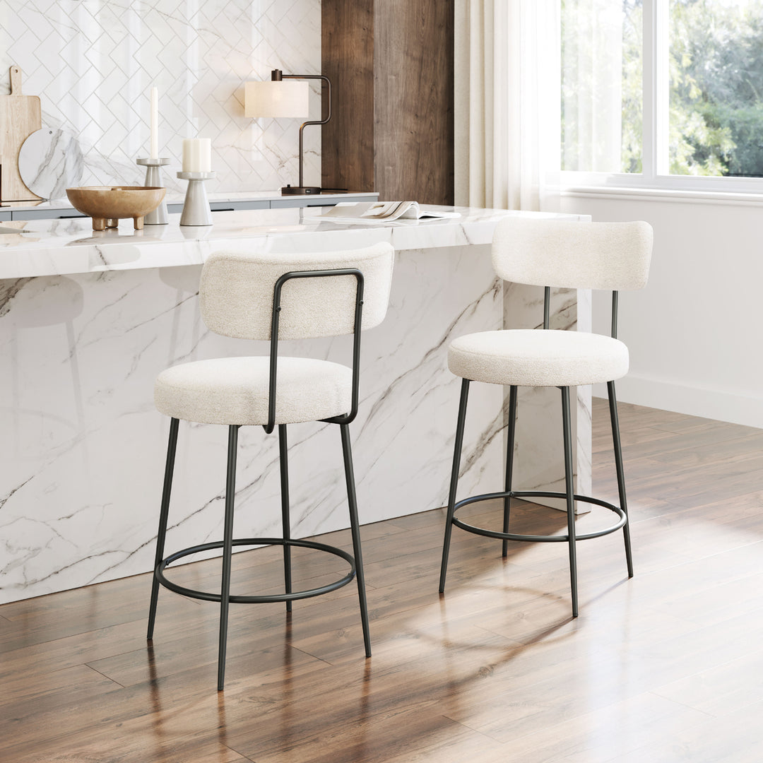 Blanca Counter Stools Set of 2 Ivory Shearling Fabric Steel Frame Modern Design Image 8