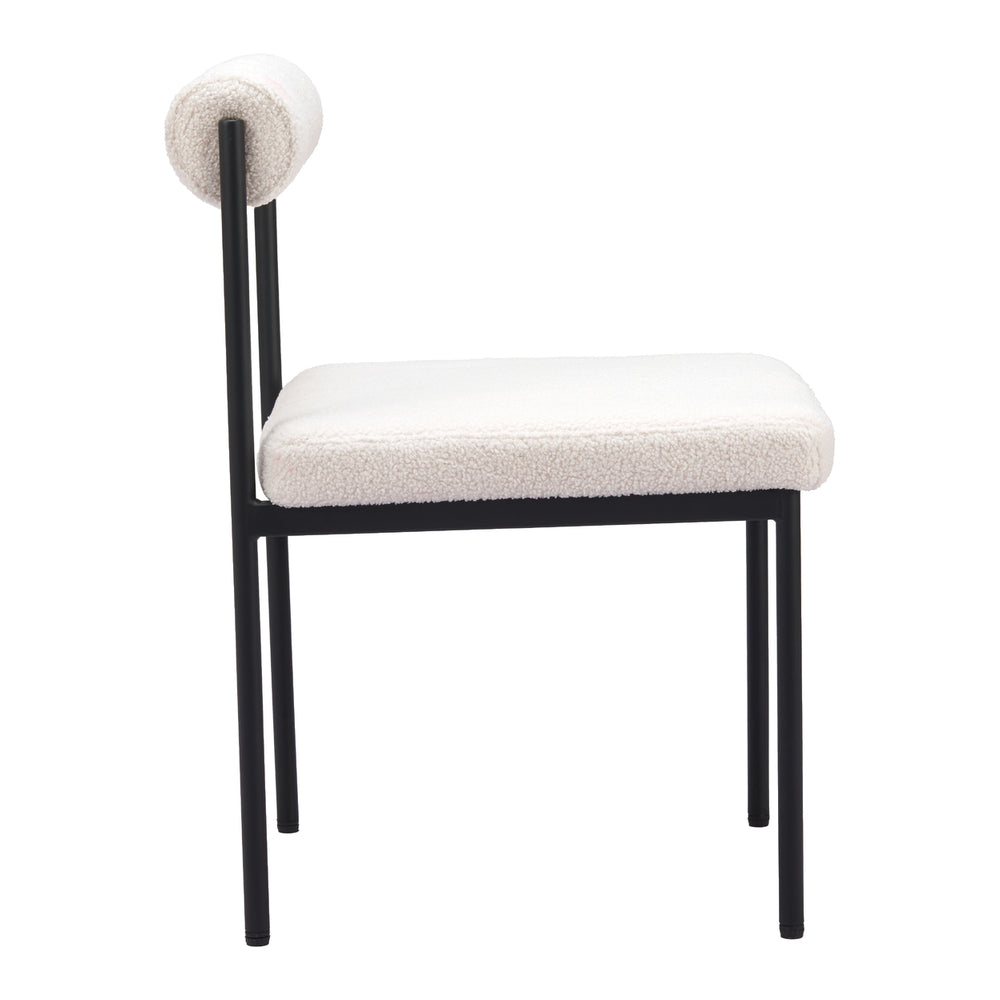 Livorno Dining Chair Ivory Plush Teddy Fabric Black Steel Frame Modern Design Image 2