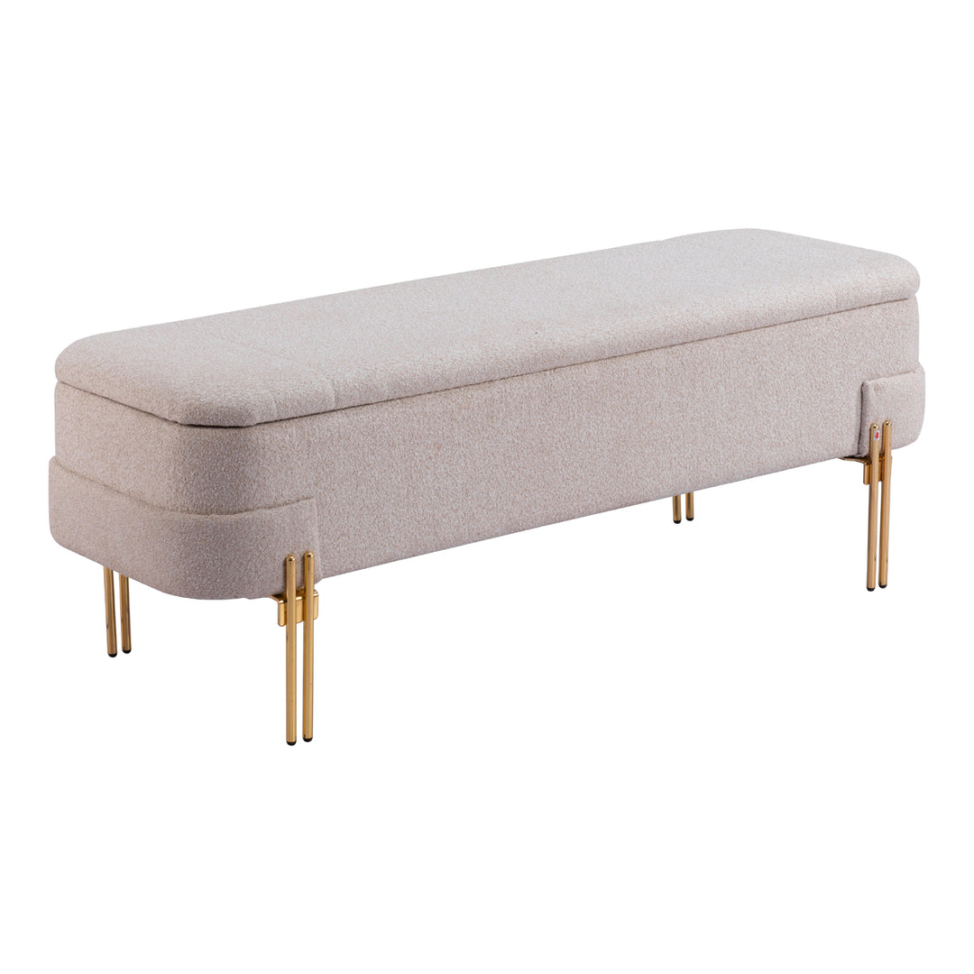 Lebreton Storage Bench Oatmeal Beige Plush Velvet Hidden Storage Steel Legs Image 1