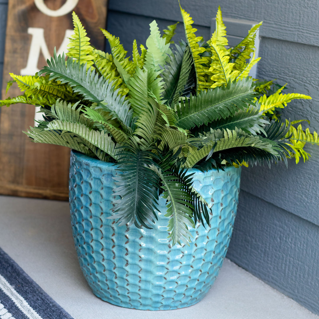 Sunnydaze Turquoise Raised Hexagon Pattern Ceramic Planter - 14" Image 3