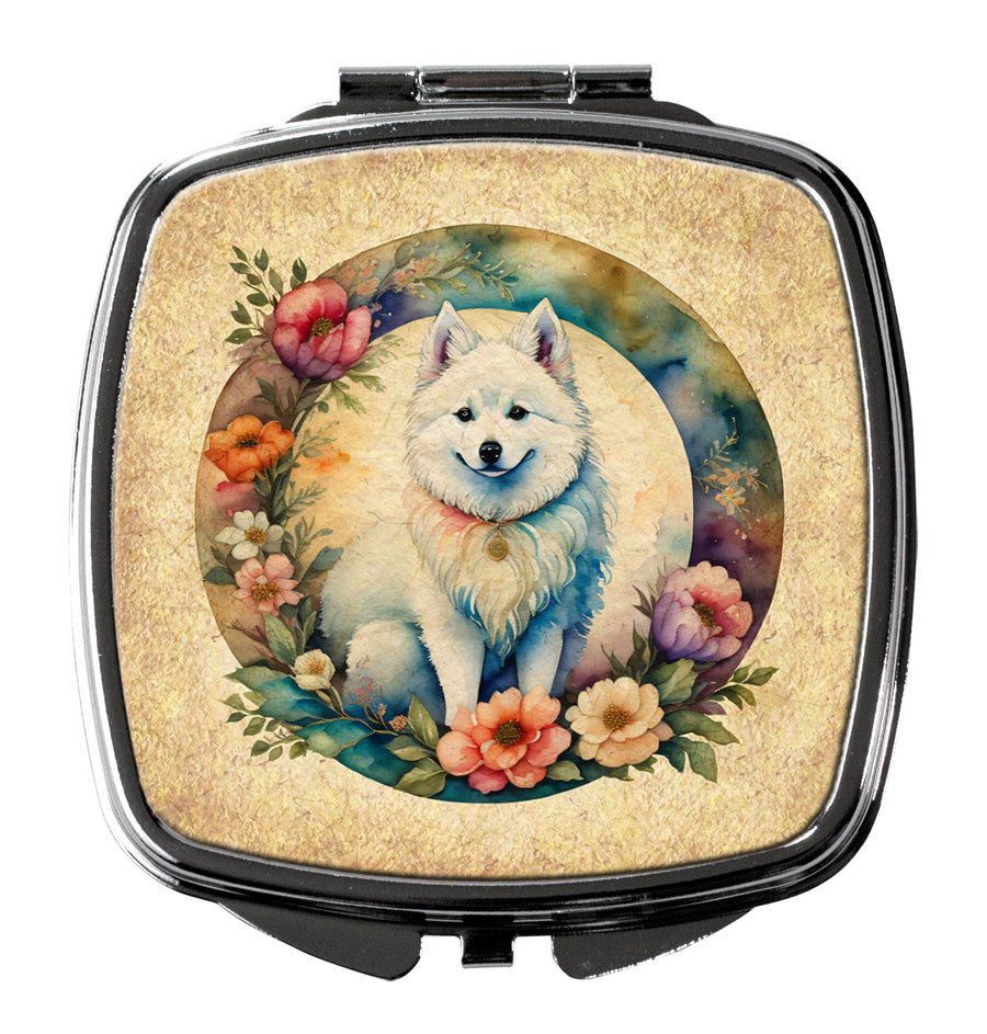 American Eskimo and Flowers Compact Mirror Image 1