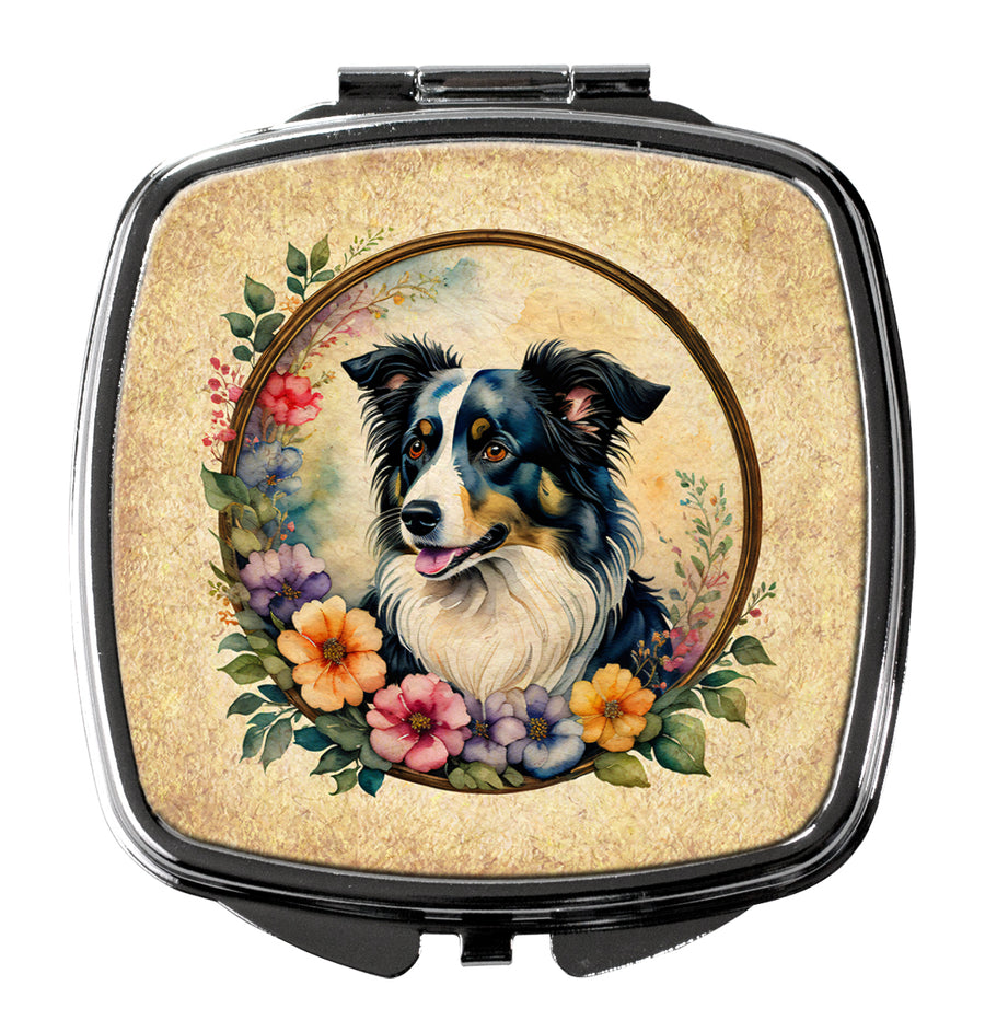 Border Collie and Flowers Compact Mirror Image 1
