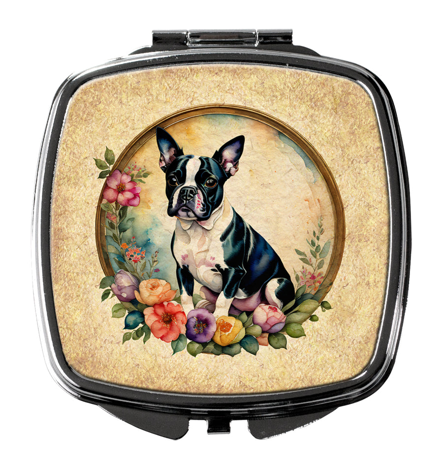 Boston Terrier and Flowers Compact Mirror Image 1