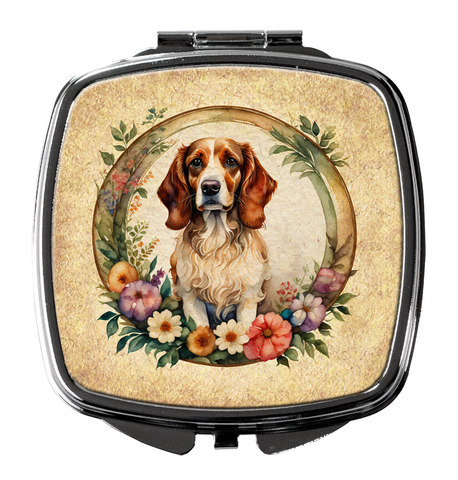 Brittany Spaniel and Flowers Compact Mirror Image 1