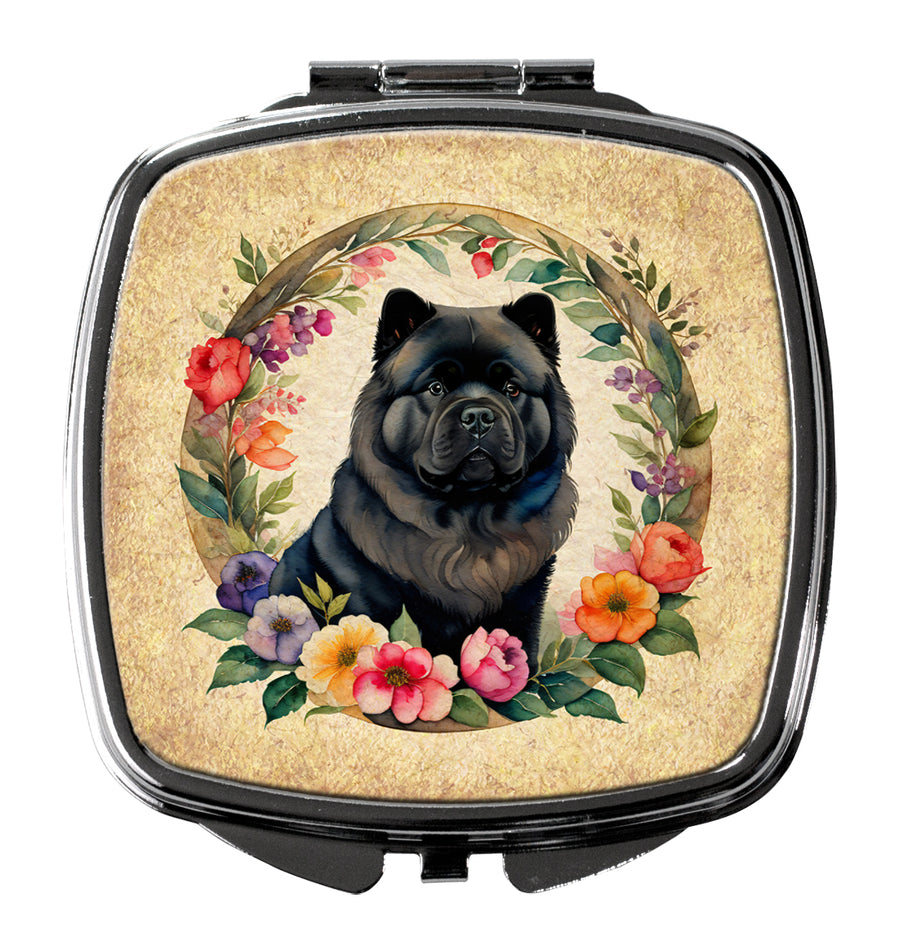 Black Chow Chow and Flowers Compact Mirror Image 1