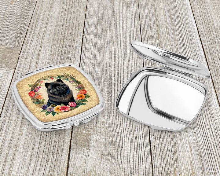 Black Chow Chow and Flowers Compact Mirror Image 3