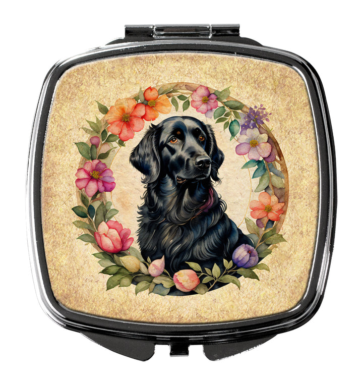 Flat-Coated Retriever and Flowers Compact Mirror Image 1