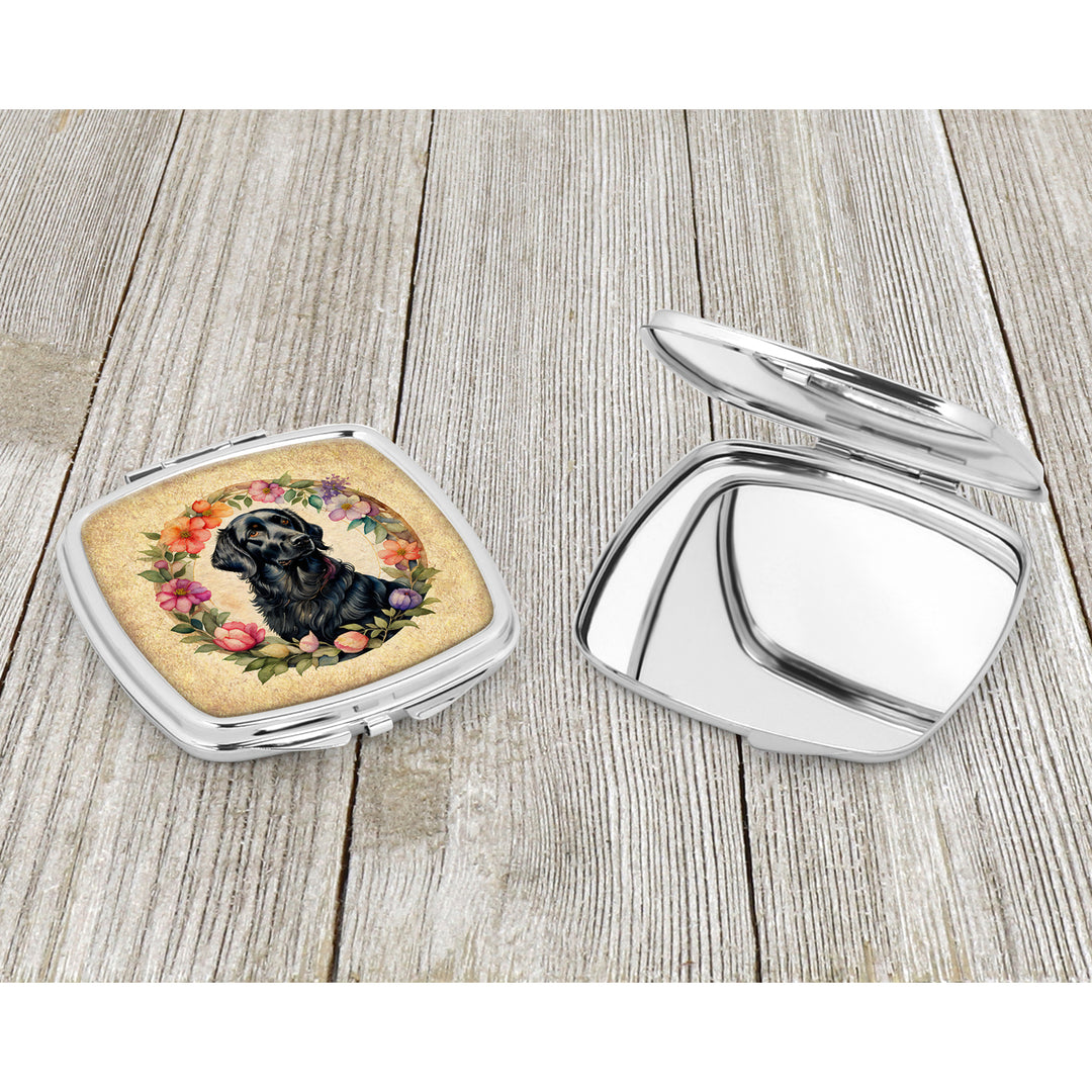 Flat-Coated Retriever and Flowers Compact Mirror Image 3