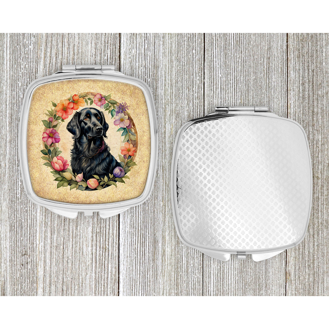 Flat-Coated Retriever and Flowers Compact Mirror Image 4