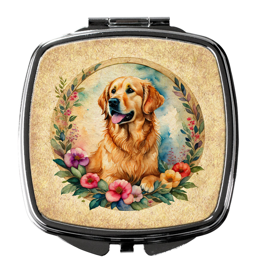 Golden Retriever and Flowers Compact Mirror Image 1