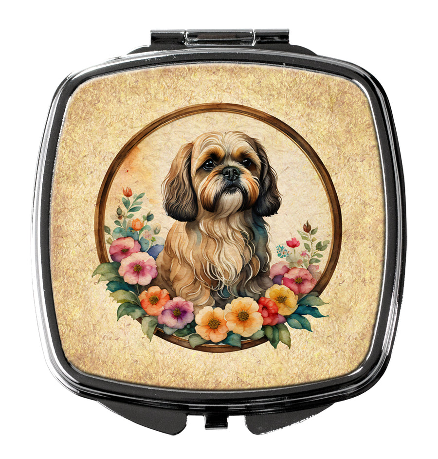 Lhasa Apso and Flowers Compact Mirror Image 1